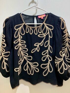 THML Black Blouse with Cream Botanical Embroidery